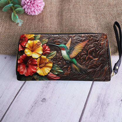 Shineful Leather Clutch Purse With Wristlet Strap Handle Hummingbird Blossom