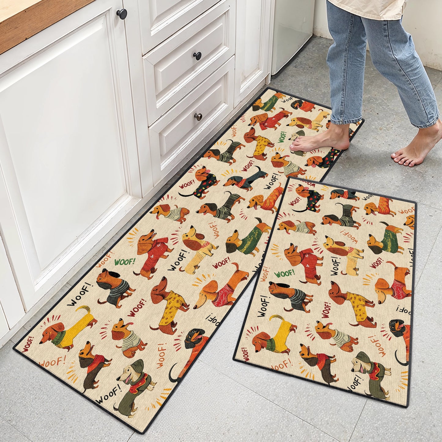 Shineful Ultra-Thin Non Skid Floor Mat, Kitchen Rugs Wagging Woof - Dachshund Delight