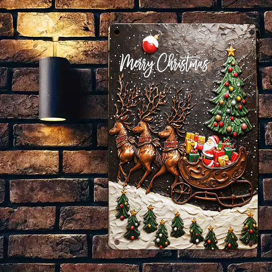 Shineful 2D Flat Print Metal Sign Cozy Santa Claus With Reindeer Pulling His Sleigh Full Of Gifts