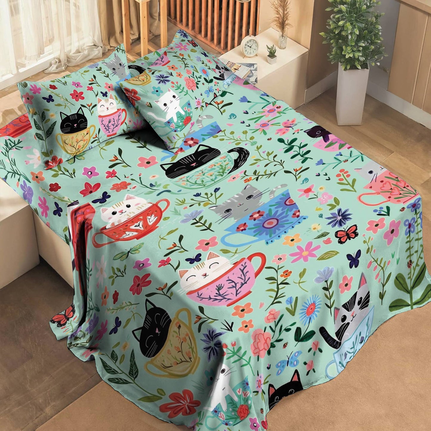 Shineful 4-Piece Bed Sheet Set Cat Cup