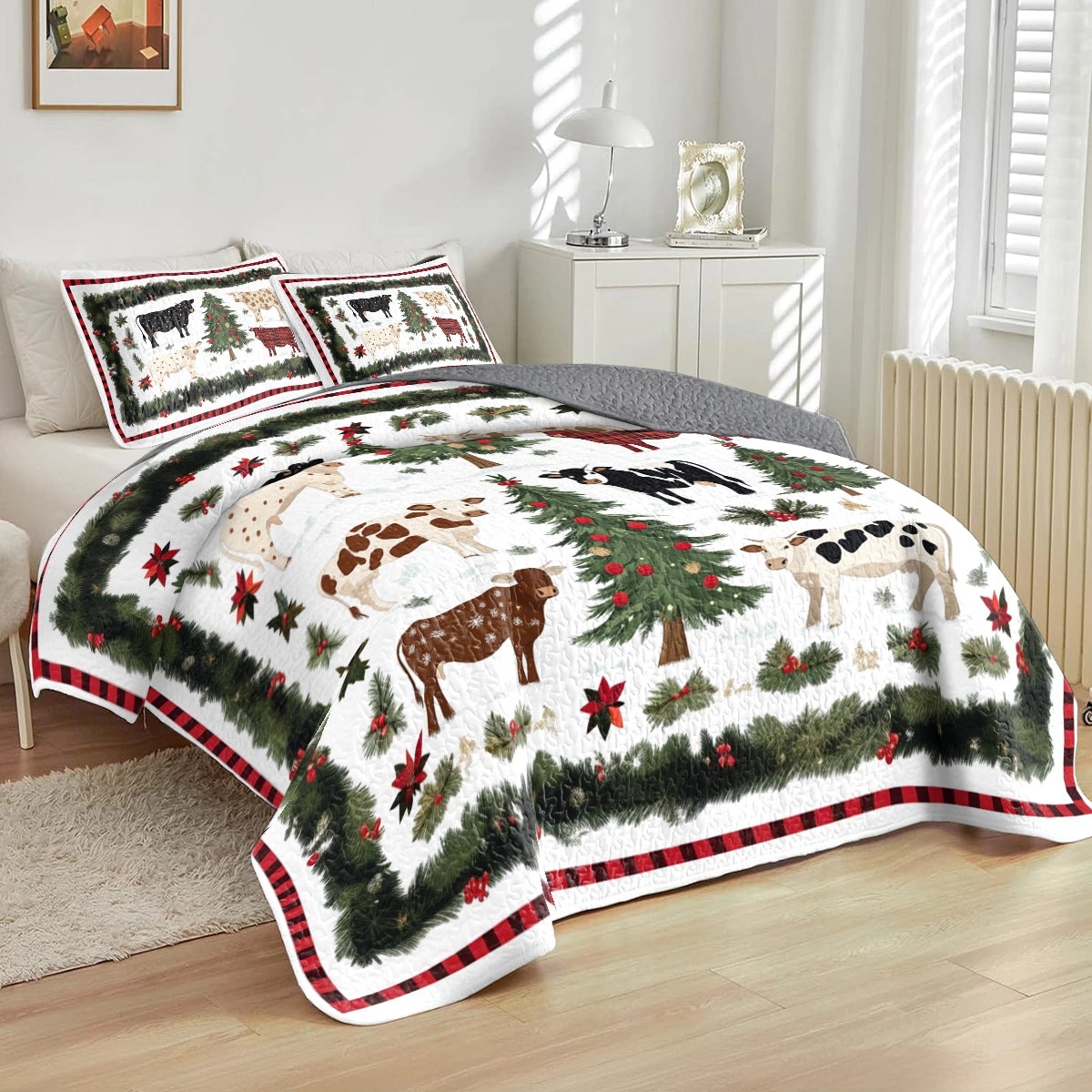 Shineful All Season Quilt 3-Piece Set Farmhouse Christmas Cow