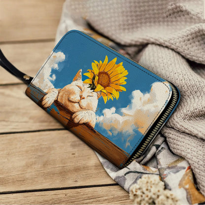 Shineful Leather Clutch Purse With Wristlet Strap Handle Relaxing Cat