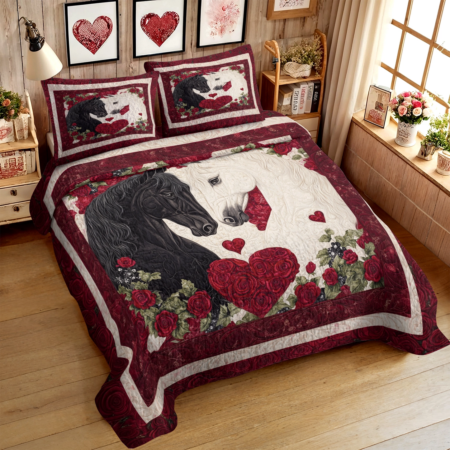 Shineful All Season Quilt 3-Piece Set Lovers’ Embrace Horse