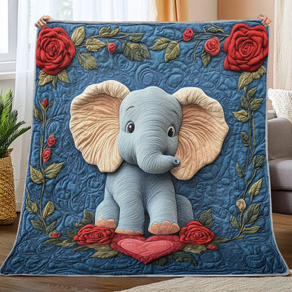 Shineful Flat Print Faux Quilt Blanket - Adorable Baby Elephant with Roses and Heartfelt Love