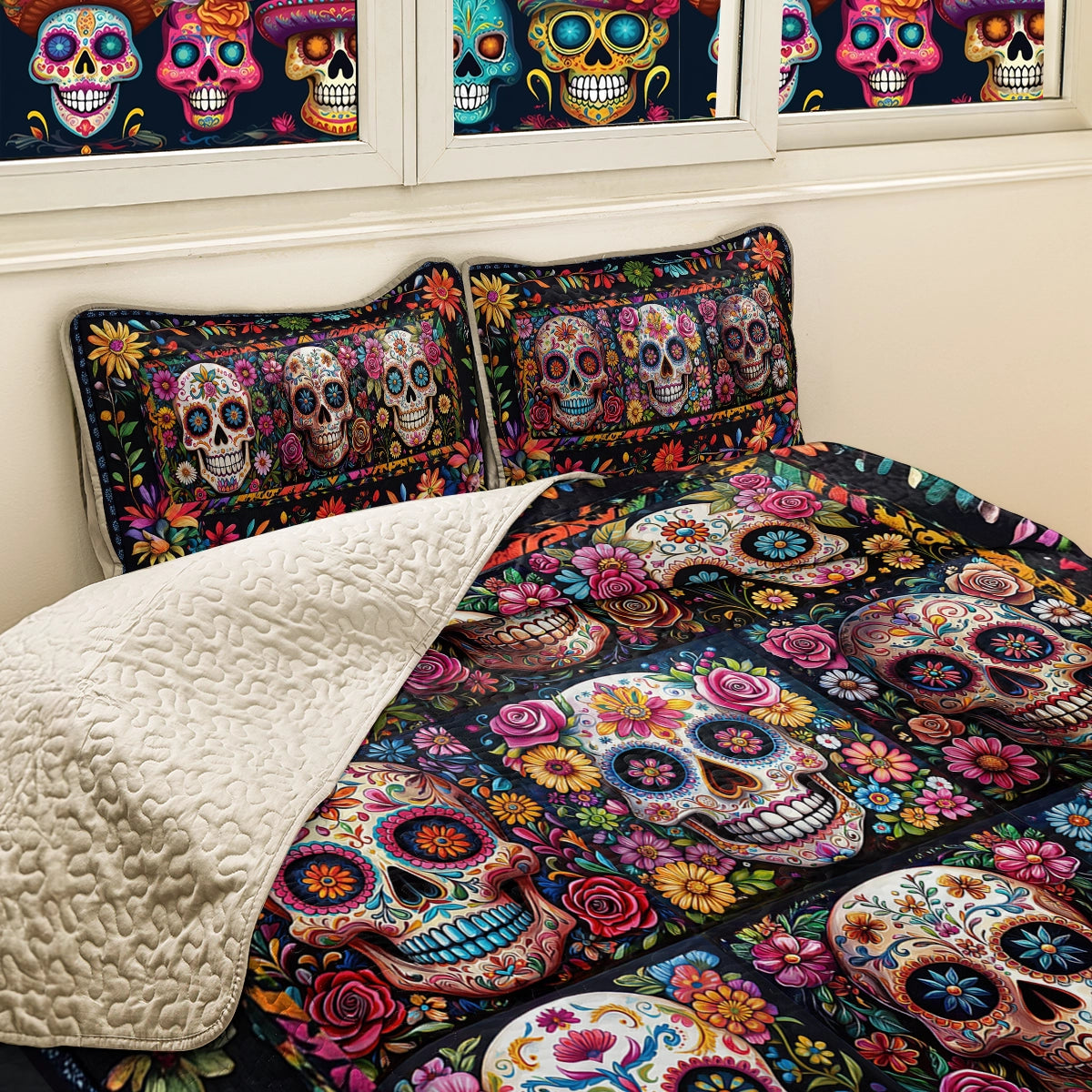 Shineful All Season Quilt 3-Piece Set Blossom Skull Elegance