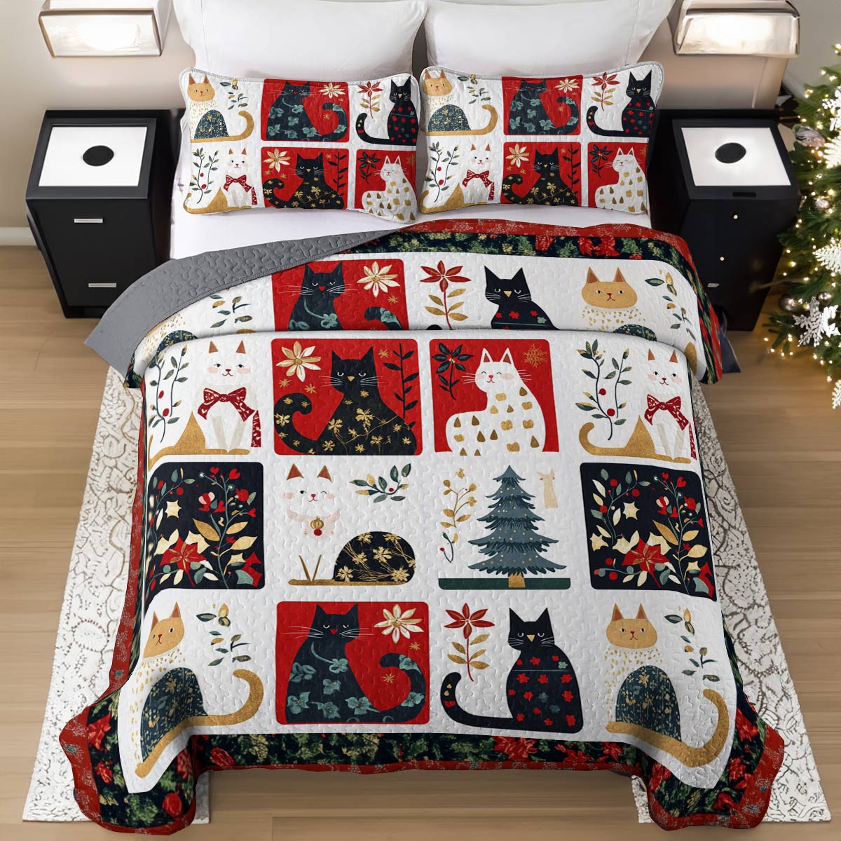 Shineful All Season Quilt 3-Piece Set Charming Christmas Cats