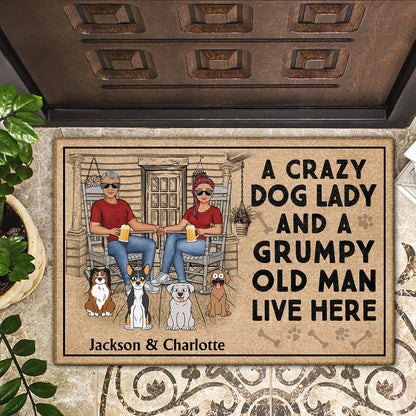 Shineful Doormat A Crazy Dog Lady And Her Grumpy Old Man Live Here Personalized Door Mat