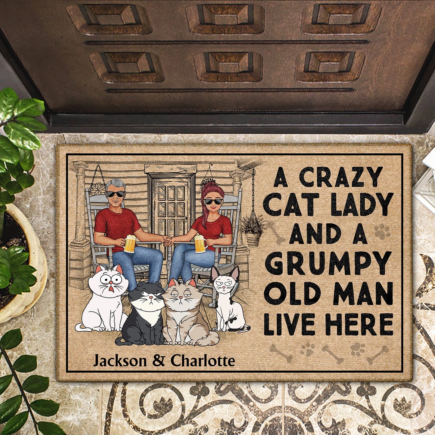 Shineful Doormat A Crazy Cat Lady And Her Grumpy Old Man Live Here Personalized Door Mat