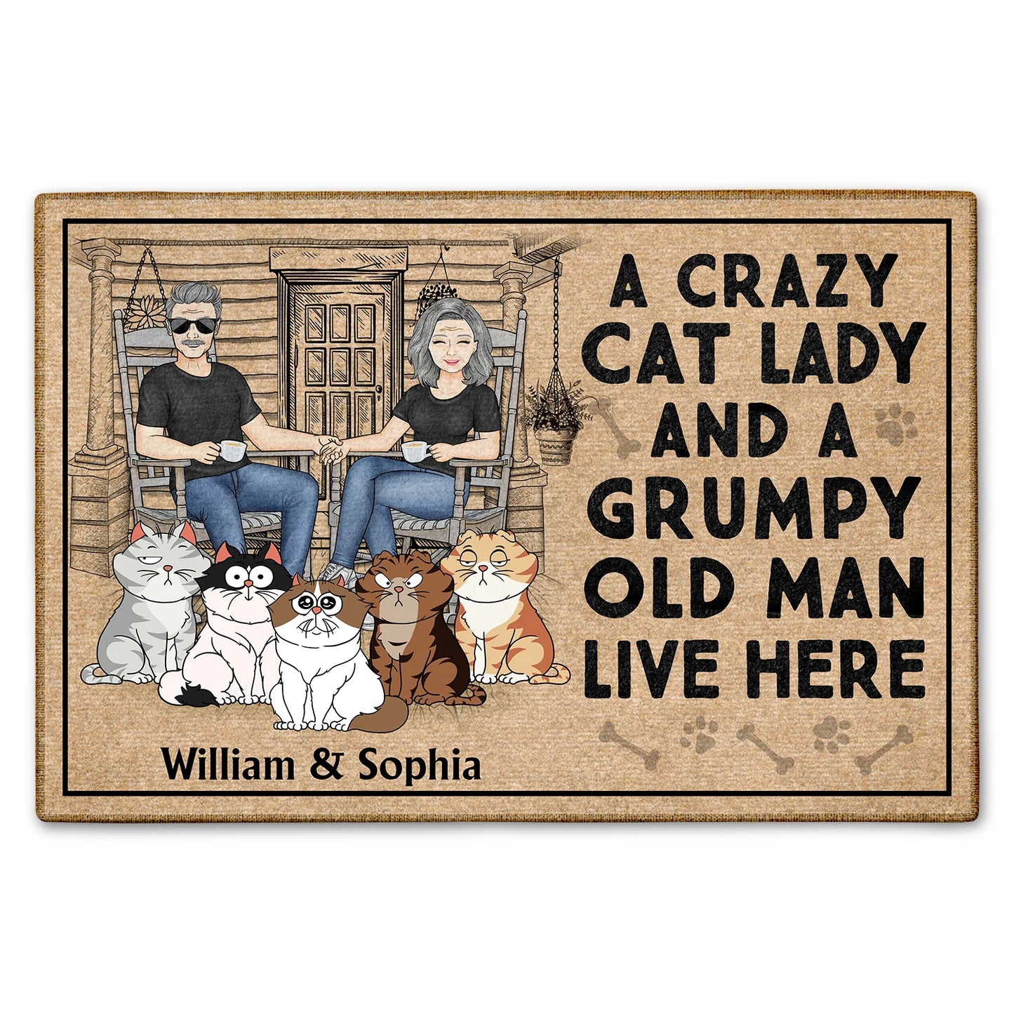 Shineful Doormat A Crazy Cat Lady And Her Grumpy Old Man Live Here Personalized Door Mat