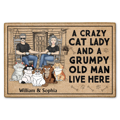 Shineful Doormat A Crazy Cat Lady And Her Grumpy Old Man Live Here Personalized Door Mat