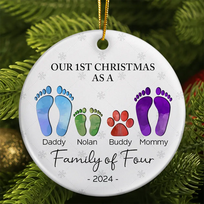 First Christmas As A Family Of Four Footprints - Personalized Circle Ceramic Ornament