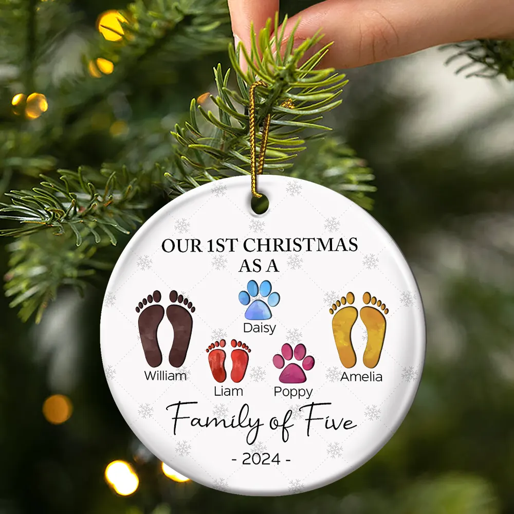 First Christmas As A Family Of Four Footprints - Personalized Circle Ceramic Ornament