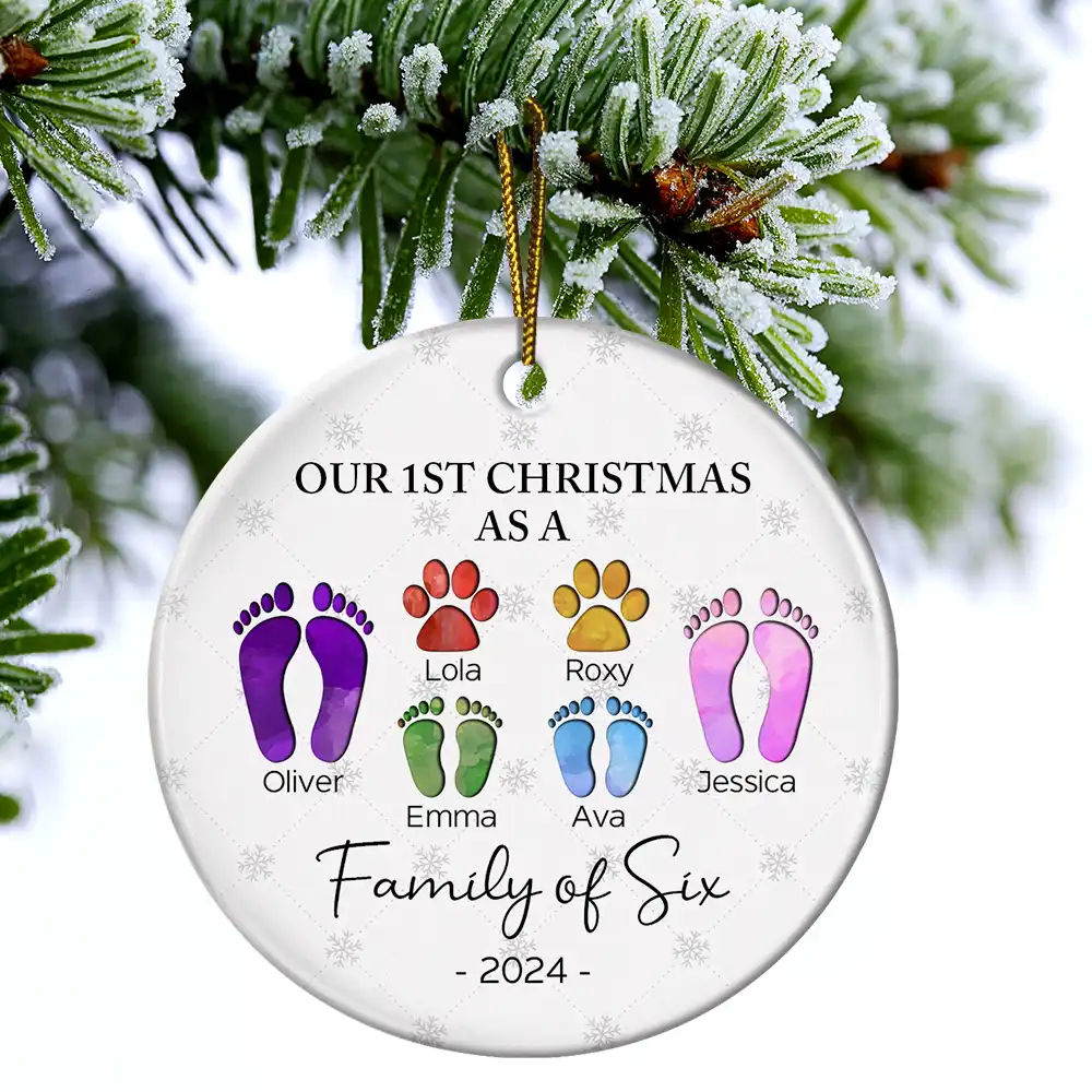 First Christmas As A Family Of Four Footprints - Personalized Circle Ceramic Ornament