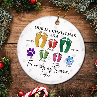 First Christmas As A Family Of Four Footprints - Personalized Circle Ceramic Ornament