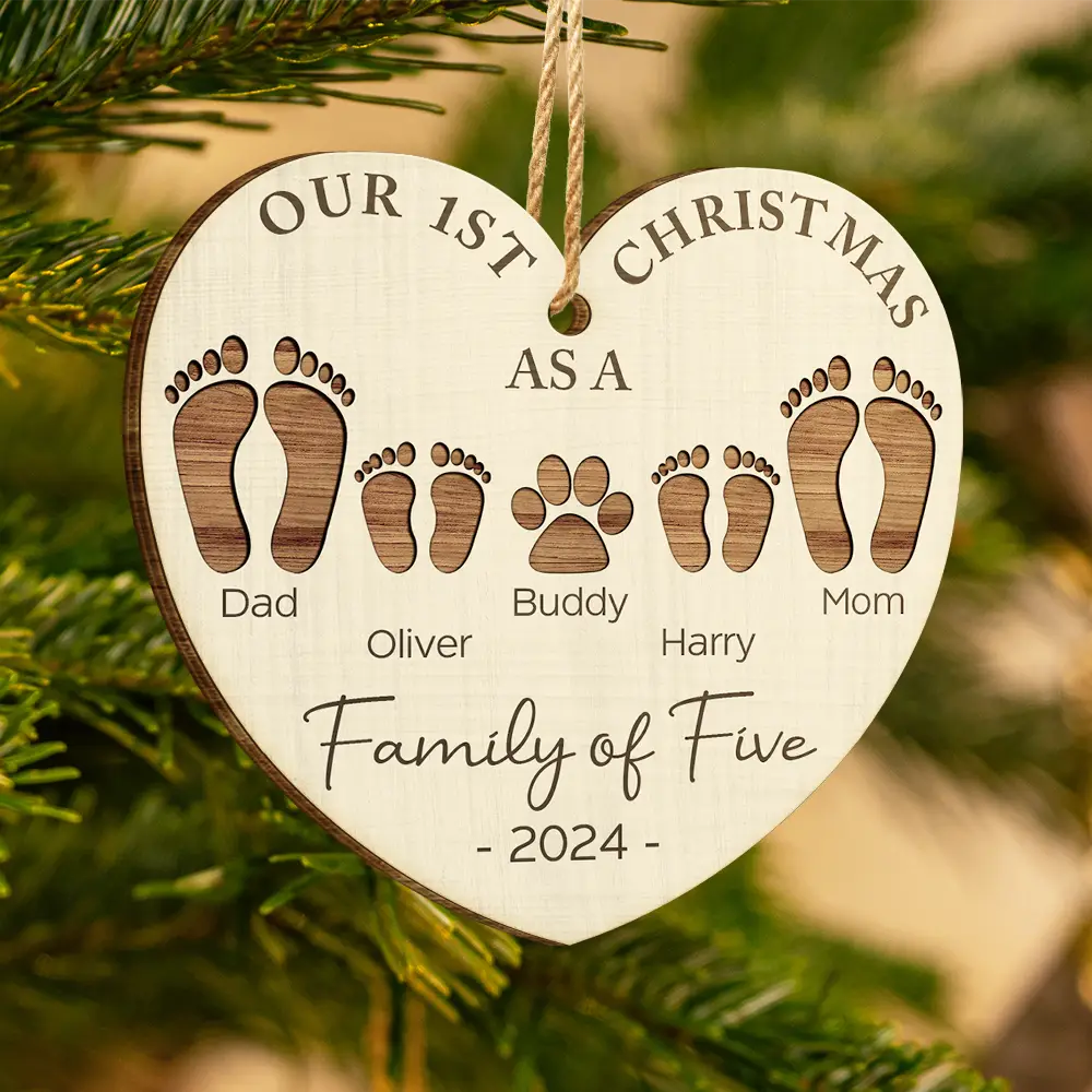 First Christmas As A Family Of Four Footprints - Personalized Custom Shaped Wooden Ornament