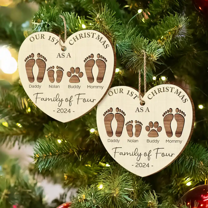 First Christmas As A Family Of Four Footprints - Personalized Custom Shaped Wooden Ornament