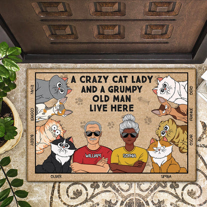 Shineful Doormat A Crazy Cat Lady And A Grumpy Old Man Live Here Funny Cartoon Cat Personalized Door Mat