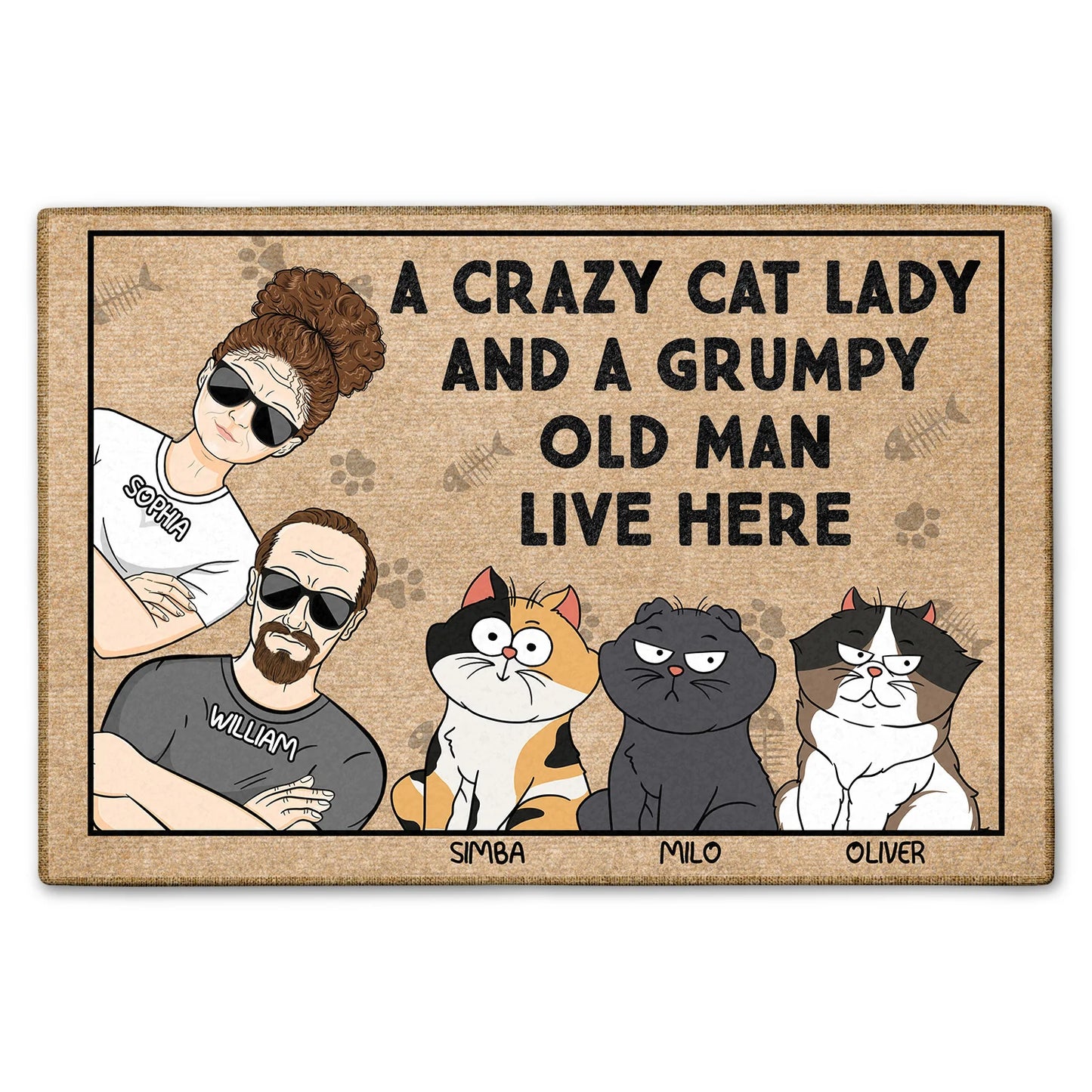 Shineful Doormat A Crazy Cat Lady And A Grumpy Old Man Live Here Funny Cartoon Cat Personalized Door Mat