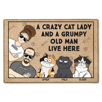 Shineful Doormat A Crazy Cat Lady And A Grumpy Old Man Live Here Funny Cartoon Cat Personalized Door Mat