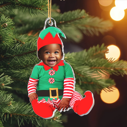 Entzückende Neugeborenen-Elfe - personalisiertes Babyfoto-Ornament für das erste Weihnachten