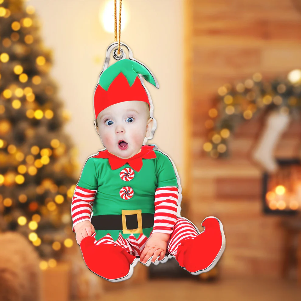 Entzückende Neugeborenen-Elfe - personalisiertes Babyfoto-Ornament für das erste Weihnachten