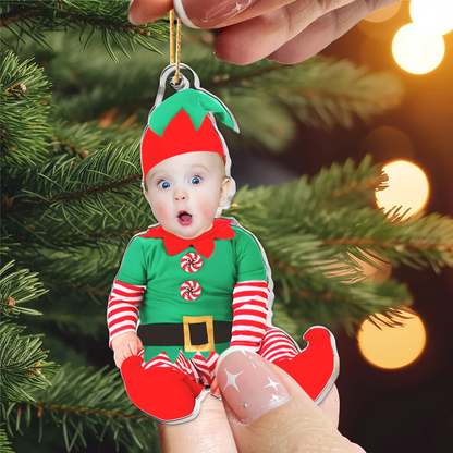 Entzückende Neugeborenen-Elfe - personalisiertes Babyfoto-Ornament für das erste Weihnachten