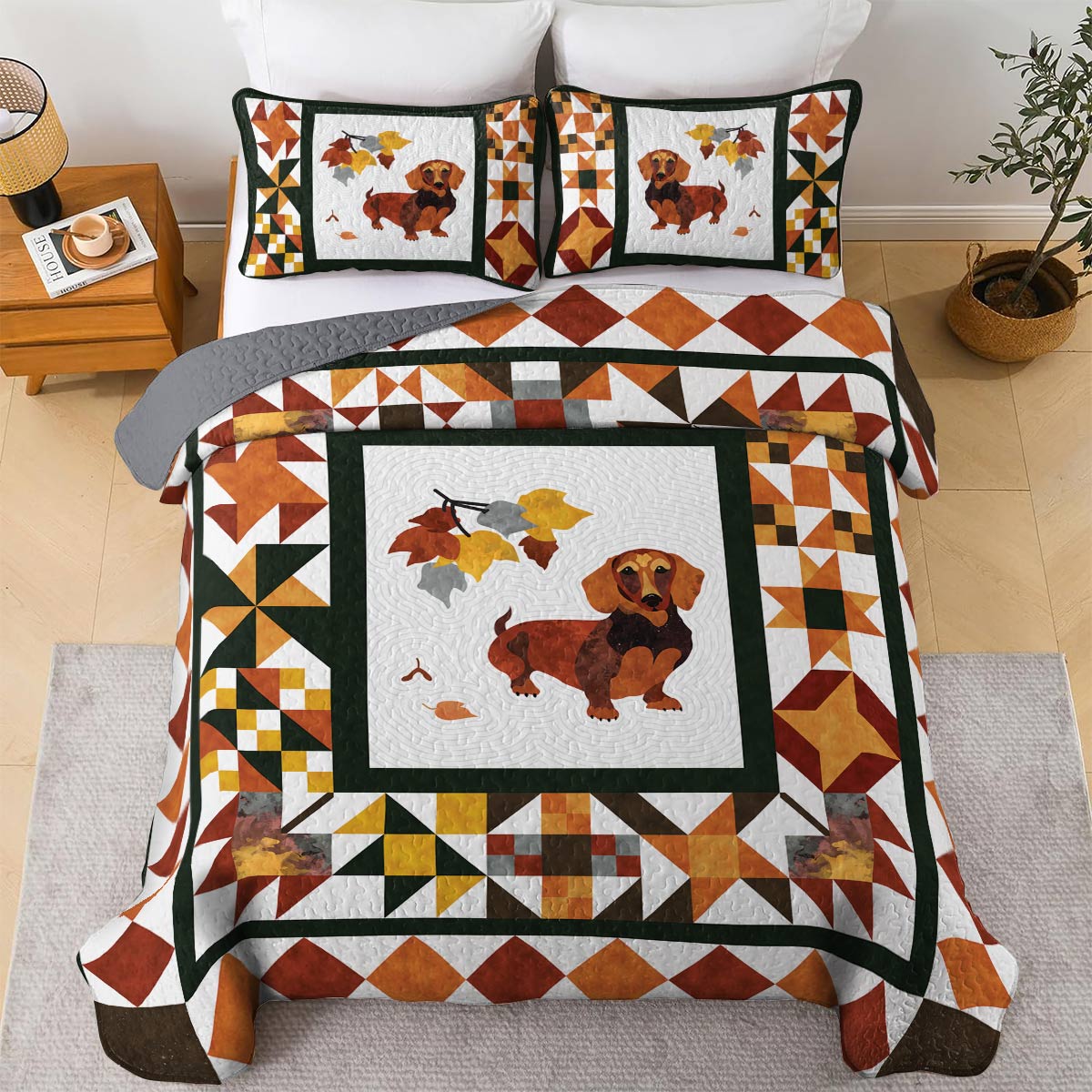 Shineful All Season Quilt 3-Piece Set Autumn Dachshund