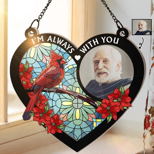 Shineful Gedenkherz mit individuellem Foto „I'm Always With You“ – personalisiertes Sonnenfänger-Ornament zum Aufhängen am Fenster