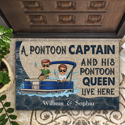 Shineful Doormat Gift For Couple - A Pontoon Captain And His Pontoon Queen Live Here, Personalized Door Mat