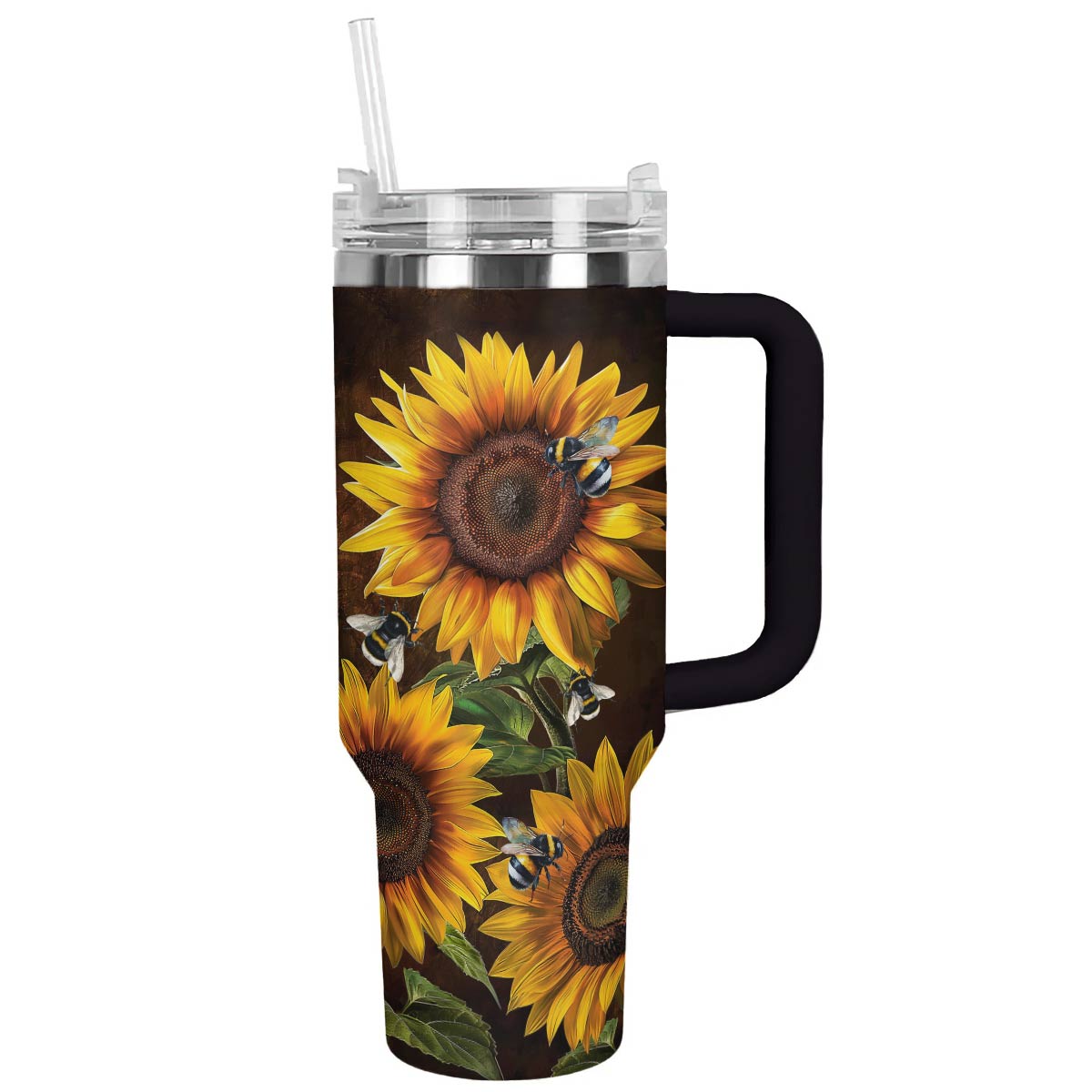 Glänzender Becher mit wunderschöner Sonnenblume und Biene