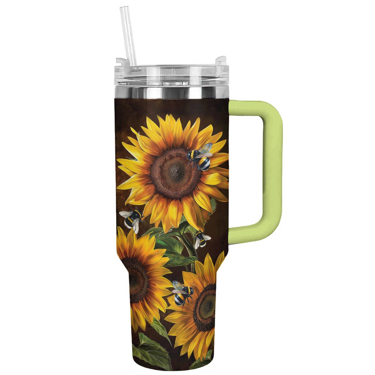 Glänzender Becher mit wunderschöner Sonnenblume und Biene