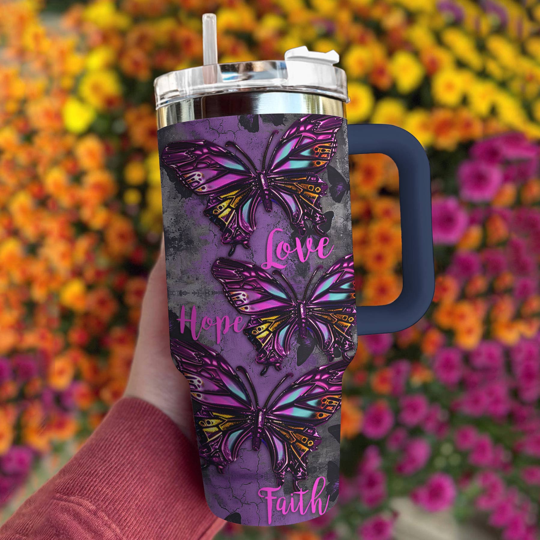 Butterfly Shineful™ Tumbler 40 Oz Faith Hope Love Ver1 Tl10 Denim Blue 40Oz