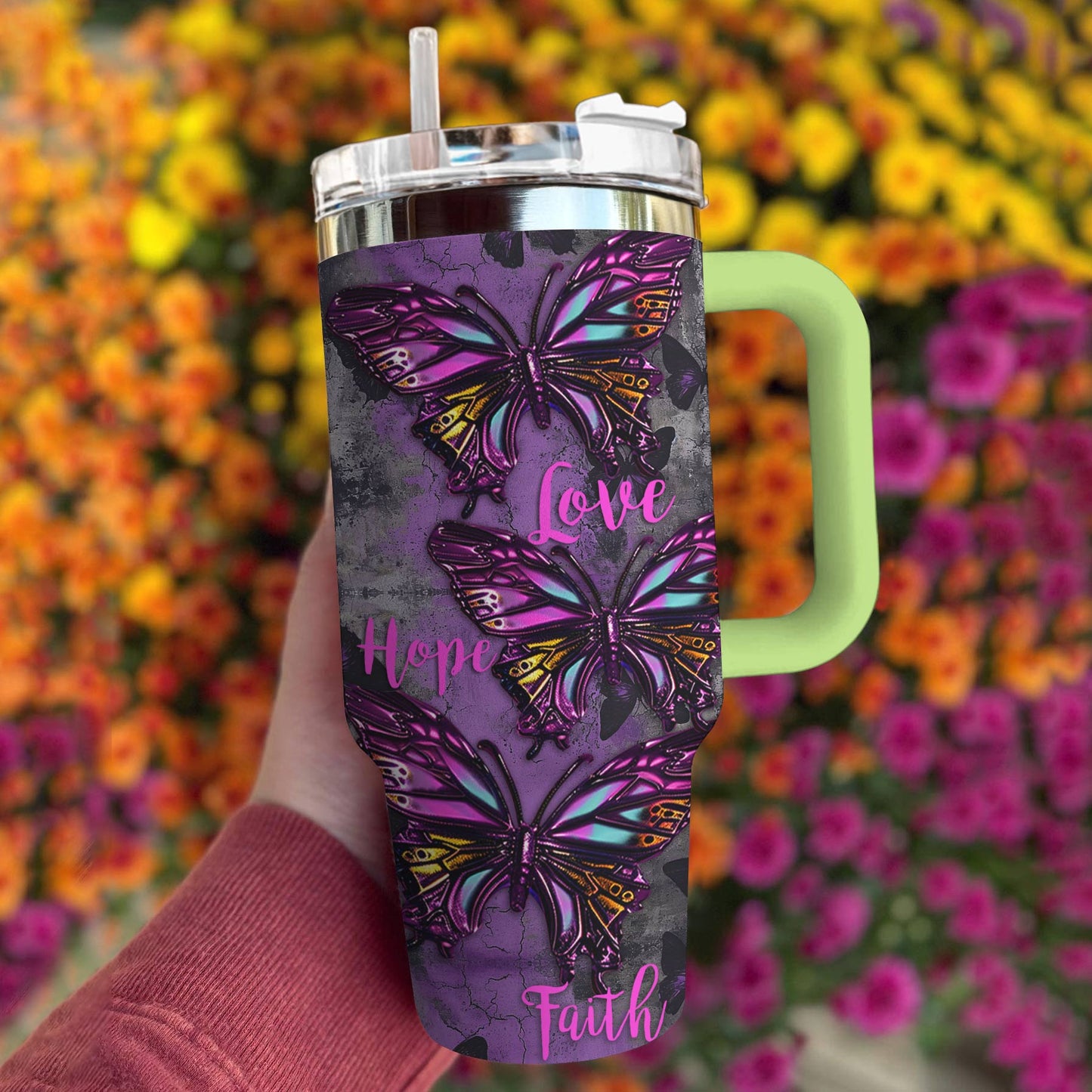 Butterfly Shineful™ Tumbler 40 Oz Faith Hope Love Ver1 Tl10 Green 40Oz