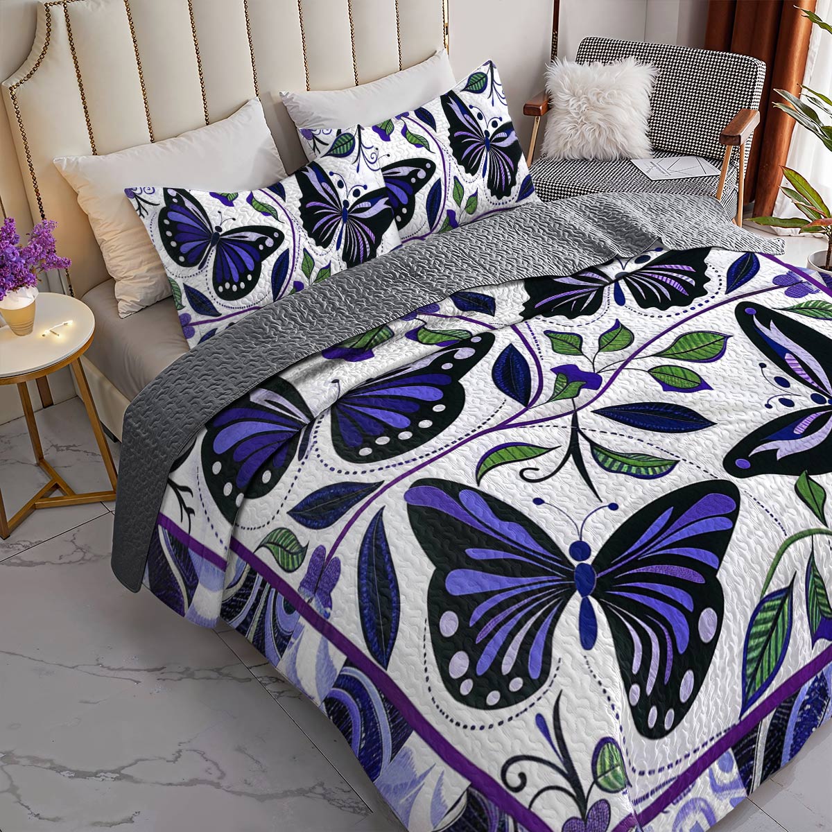 Shineful All Season Quilt 3-Piece Set Pretty Purple Butterfly Flowers