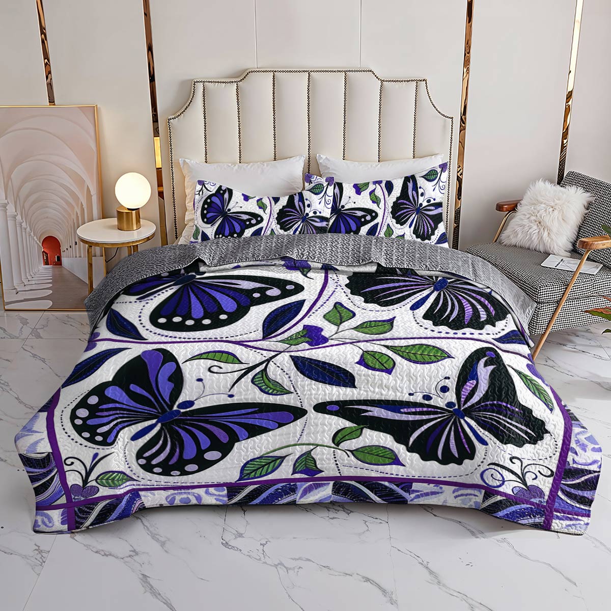 Shineful All Season Quilt 3-Piece Set Pretty Purple Butterfly Flowers