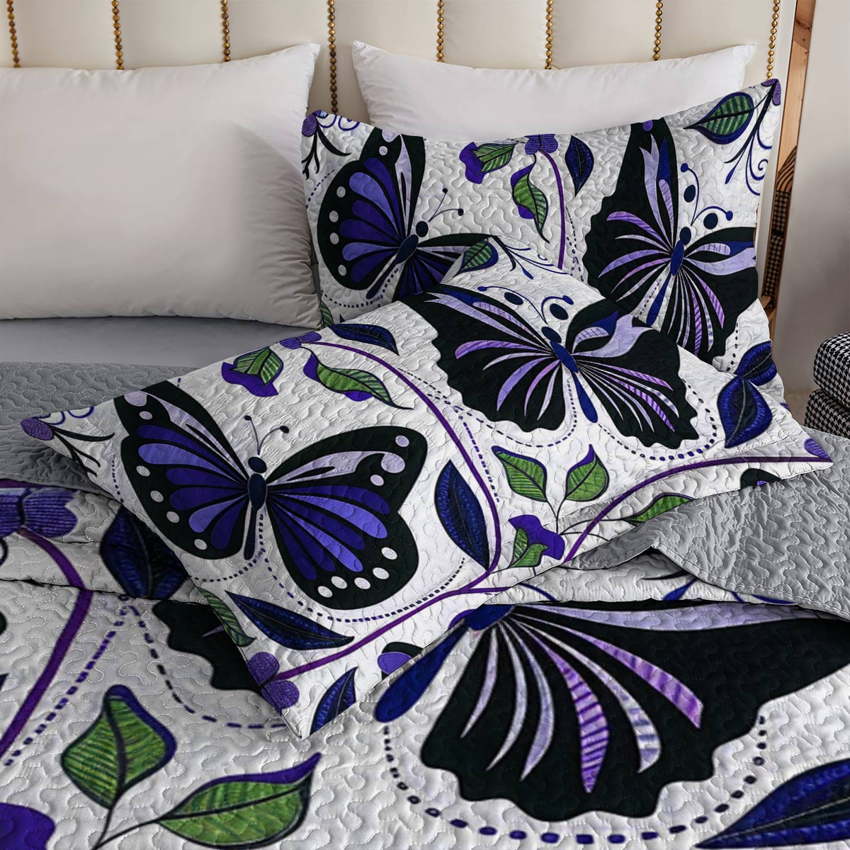 Shineful All Season Quilt 3-Piece Set Pretty Purple Butterfly Flowers