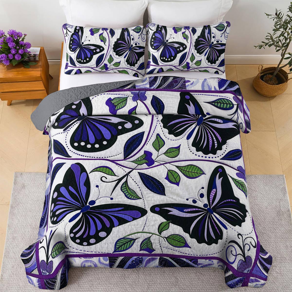 Shineful All Season Quilt 3-Piece Set Pretty Purple Butterfly Flowers