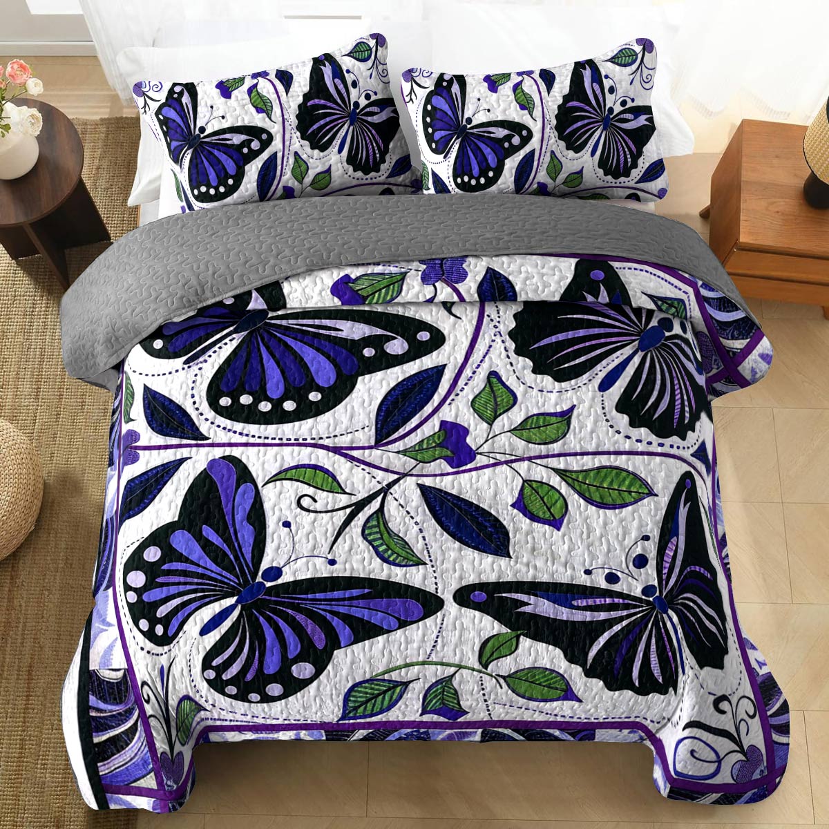 Shineful All Season Quilt 3-Piece Set Pretty Purple Butterfly Flowers