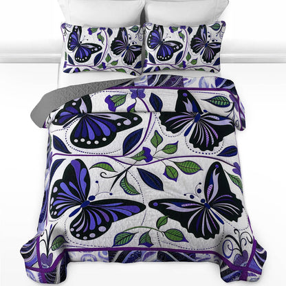 Shineful All Season Quilt 3-Piece Set Pretty Purple Butterfly Flowers