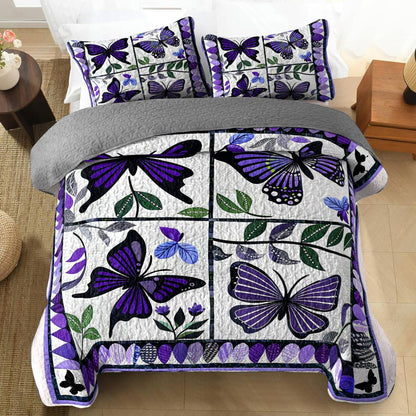 Shineful All Season Quilt 3-Piece Set Charming Purple Butterfly Flowers