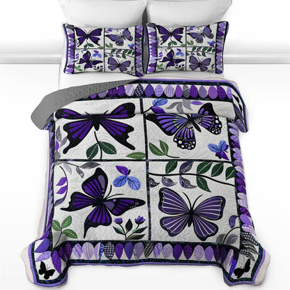 Shineful All Season Quilt 3-Piece Set Charming Purple Butterfly Flowers