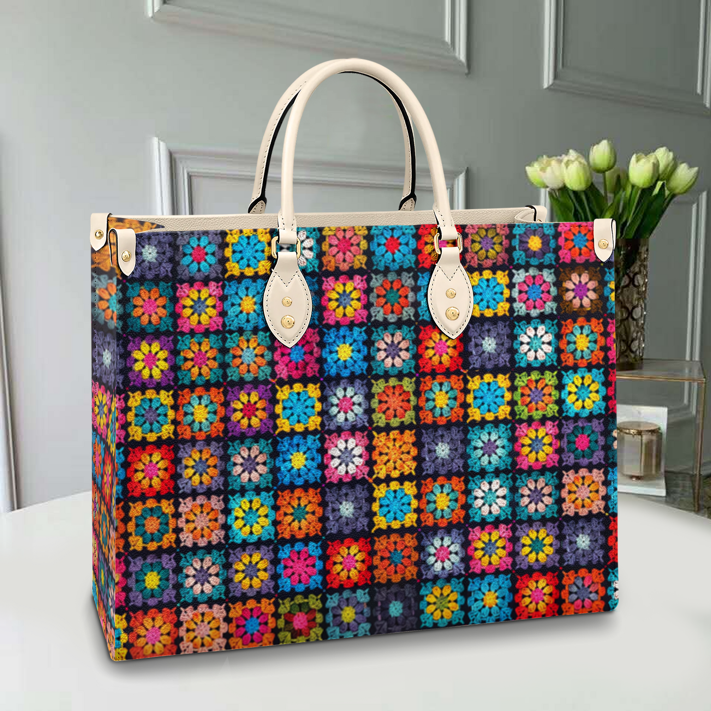 Sac en cuir brillant au crochet pour couverture carrée pour grand-mère/maman