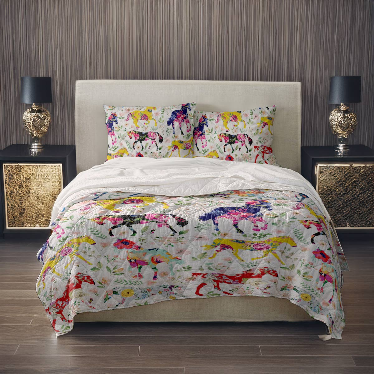 Shineful All Season Quilt 3-Piece Set Floral Horse