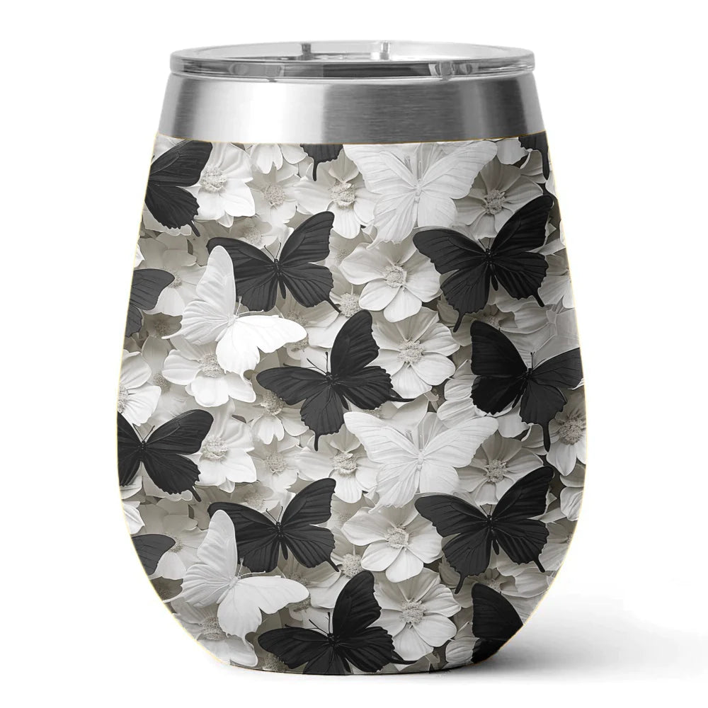 Butterfly 12 Oz Shineful™ Wine Tumbler Stunning Black&White Butterflies Vq03 12Oz