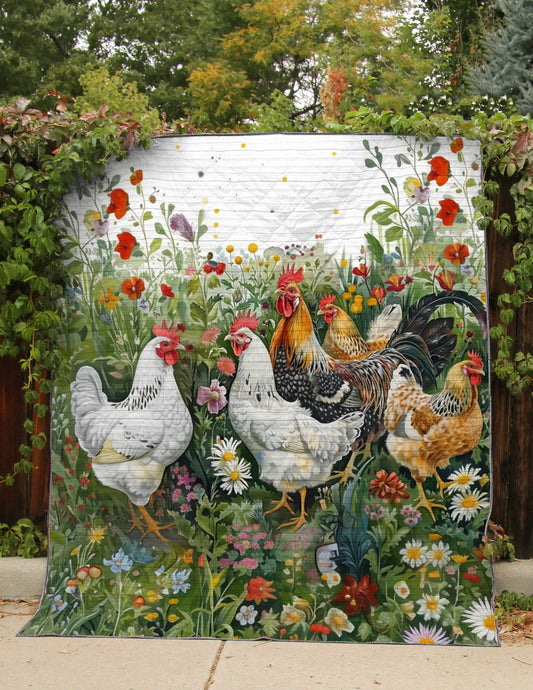 Glänzende, flach bedruckte Steppdecke aus Kunstfell, elegantes Huhn