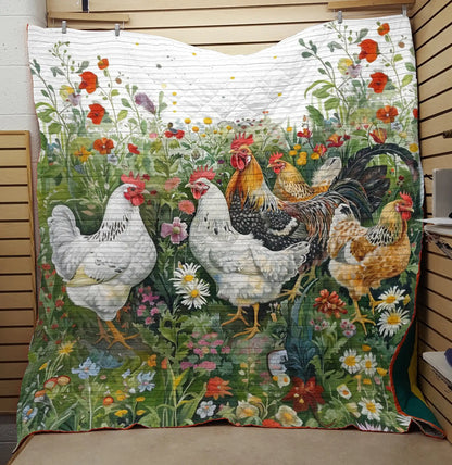 Glänzende, flach bedruckte Steppdecke aus Kunstfell, elegantes Huhn