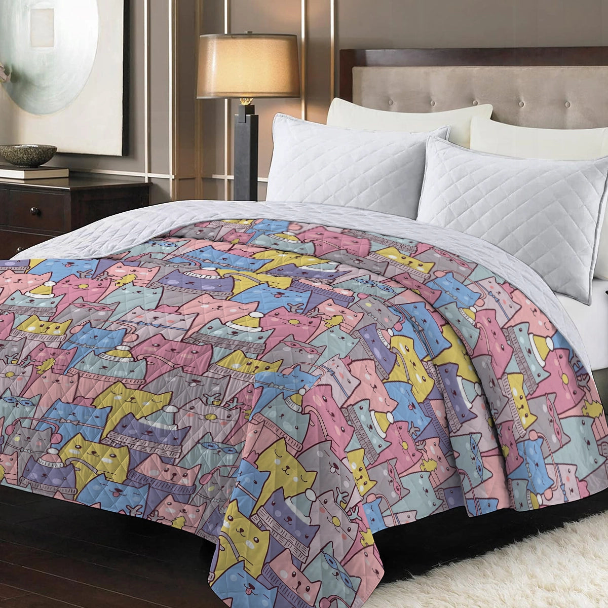 Shineful Flat Print Faux Quilt Blanket Colorful Cartoon Cat