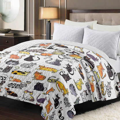 Shineful Flat Print Faux Quilt Blanket Playful Cartoon Cat