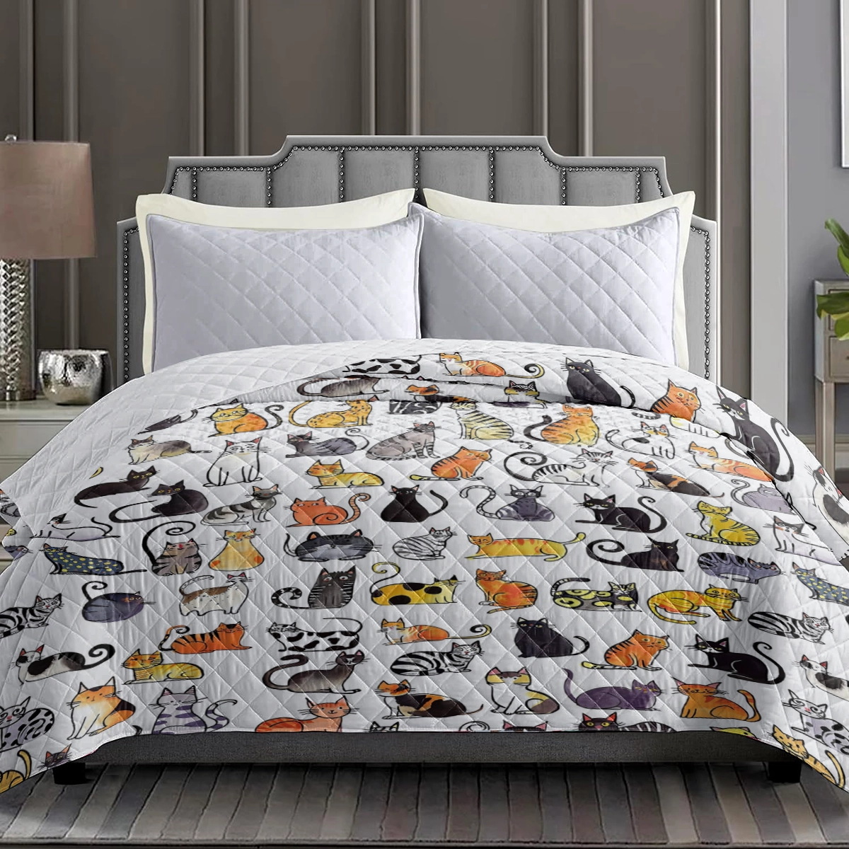 Shineful Flat Print Faux Quilt Blanket Playful Cartoon Cat