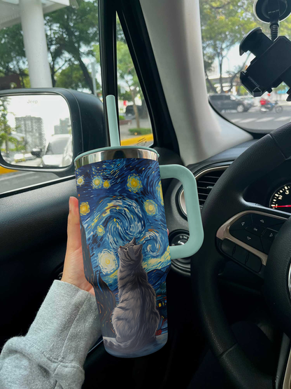 Cat 40 Oz Shineful™ Tumbler Van Gogh Style V1 Vq03 Turquoise Blue 40Oz